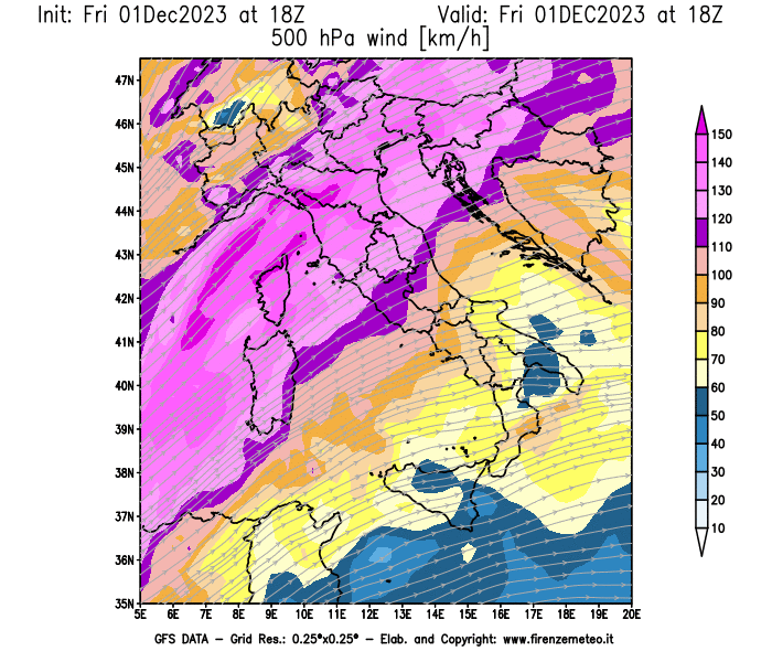 GFS analysi map - Wind Speed at 500 hPa in Italy
									on December 1, 2023 H18