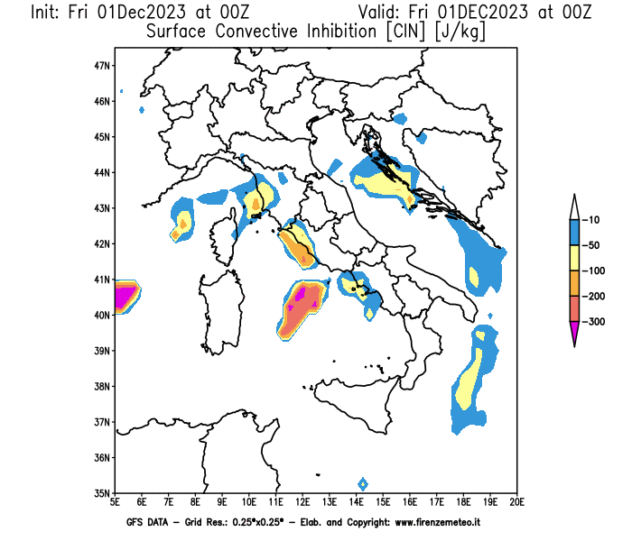GFS analysi map - CIN in Italy
									on December 1, 2023 H00