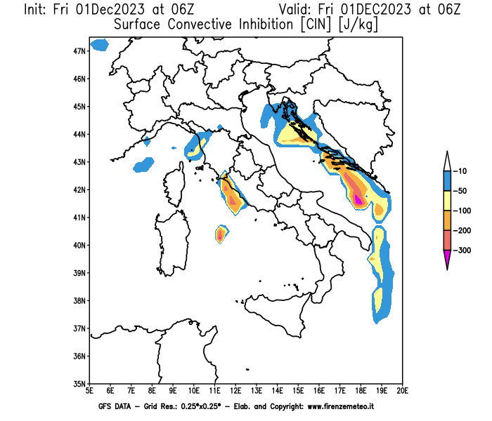 Mappa di analisi GFS - CIN in Italia
							del 1 dicembre 2023 z06