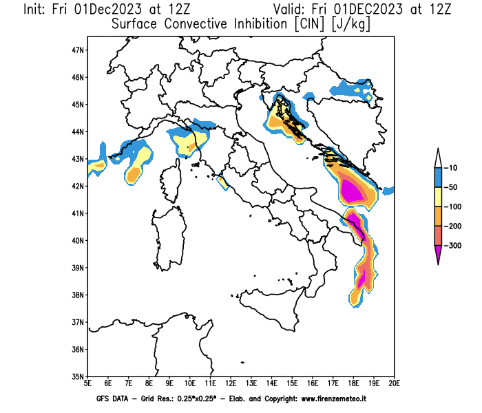 GFS analysi map - CIN in Italy
									on December 1, 2023 H12