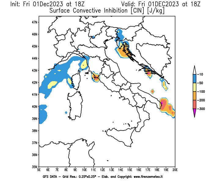 GFS analysi map - CIN in Italy
									on December 1, 2023 H18