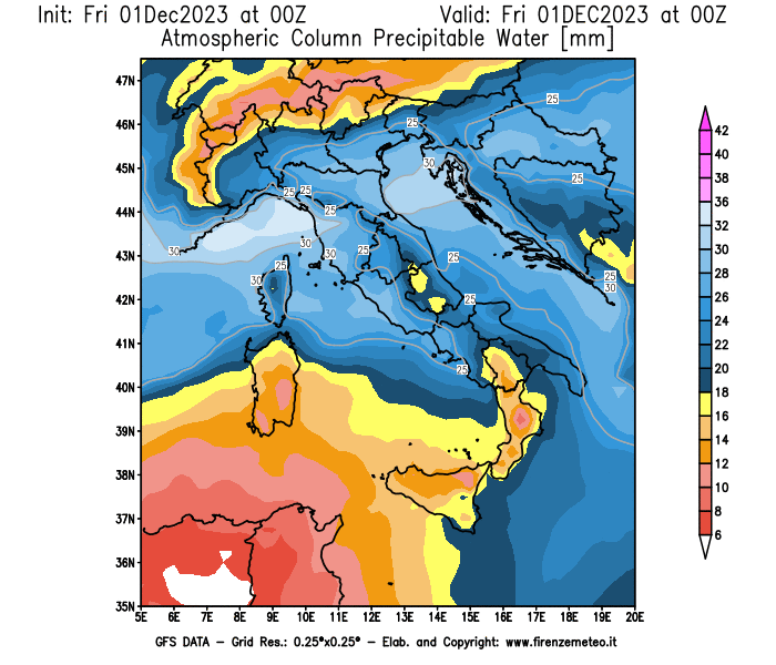Mappa di analisi GFS - Precipitable Water in Italia
							del 1 dicembre 2023 z00