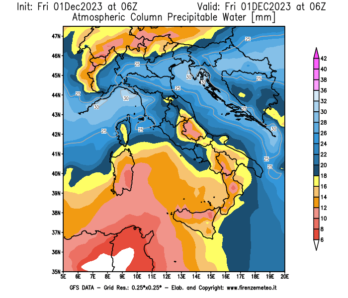Mappa di analisi GFS - Precipitable Water in Italia
							del 1 dicembre 2023 z06