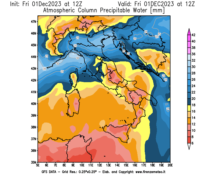 Mappa di analisi GFS - Precipitable Water in Italia
							del 1 dicembre 2023 z12