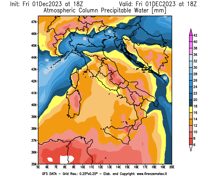 Mappa di analisi GFS - Precipitable Water in Italia
							del 1 dicembre 2023 z18