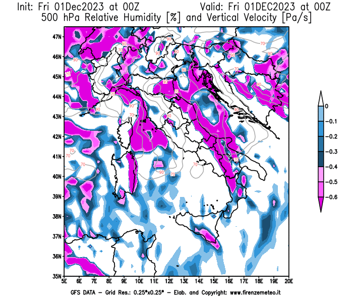 Mappa di analisi GFS - Umidità relativa e Omega a 500 hPa in Italia
							del 1 dicembre 2023 z00