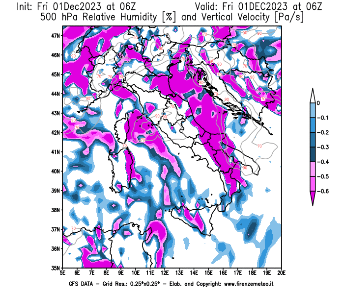 Mappa di analisi GFS - Umidità relativa e Omega a 500 hPa in Italia
							del 1 dicembre 2023 z06