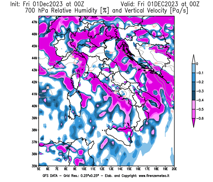 Mappa di analisi GFS - Umidità relativa e Omega a 700 hPa in Italia
							del 1 dicembre 2023 z00
