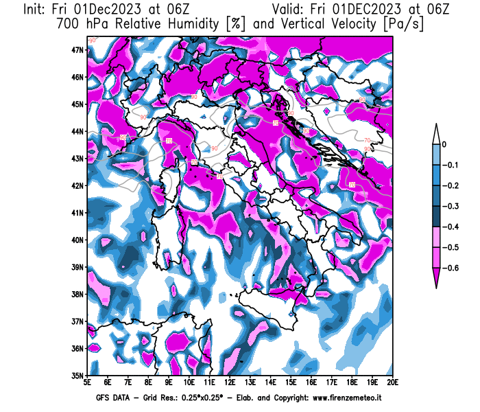 Mappa di analisi GFS - Umidità relativa e Omega a 700 hPa in Italia
							del 1 dicembre 2023 z06