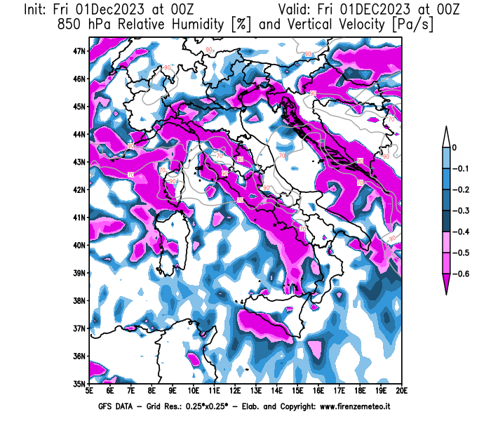 Mappa di analisi GFS - Umidità relativa e Omega a 850 hPa in Italia
							del 1 dicembre 2023 z00