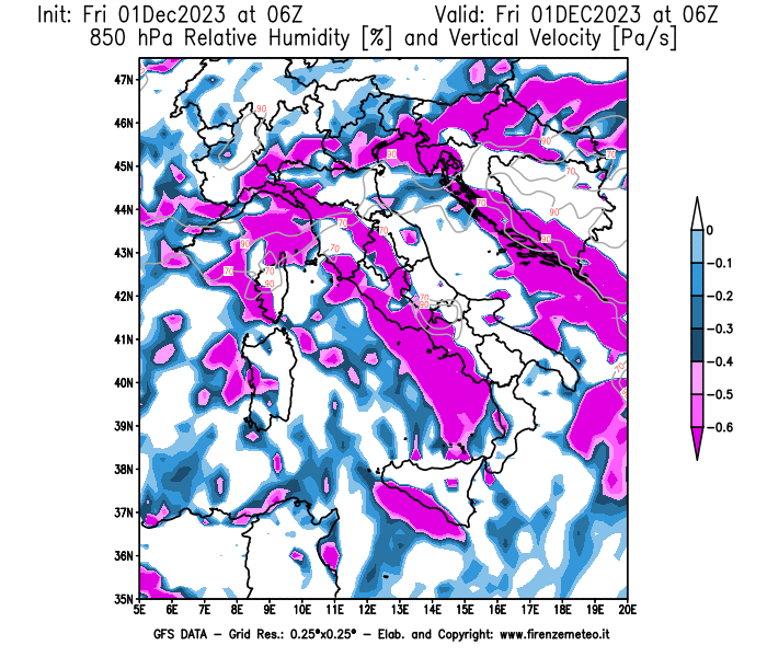 GFS analysi map - Relative Umidity and Omega at 850 hPa in Italy
									on December 1, 2023 H06