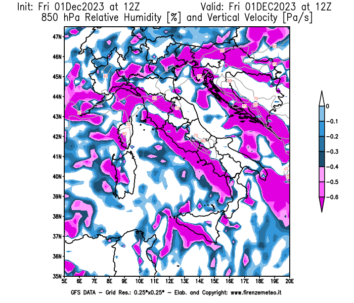 Mappa di analisi GFS - Umidità relativa e Omega a 850 hPa in Italia
							del 1 dicembre 2023 z12