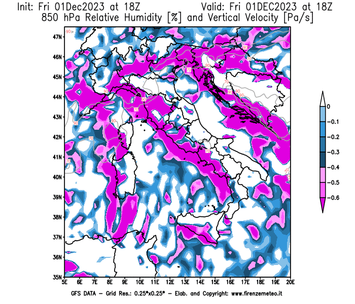 Mappa di analisi GFS - Umidità relativa e Omega a 850 hPa in Italia
							del 1 dicembre 2023 z18