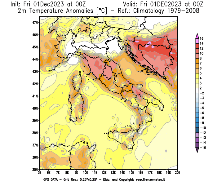 Mappa di analisi GFS - Anomalia Temperatura a 2 m in Italia
							del 1 dicembre 2023 z00