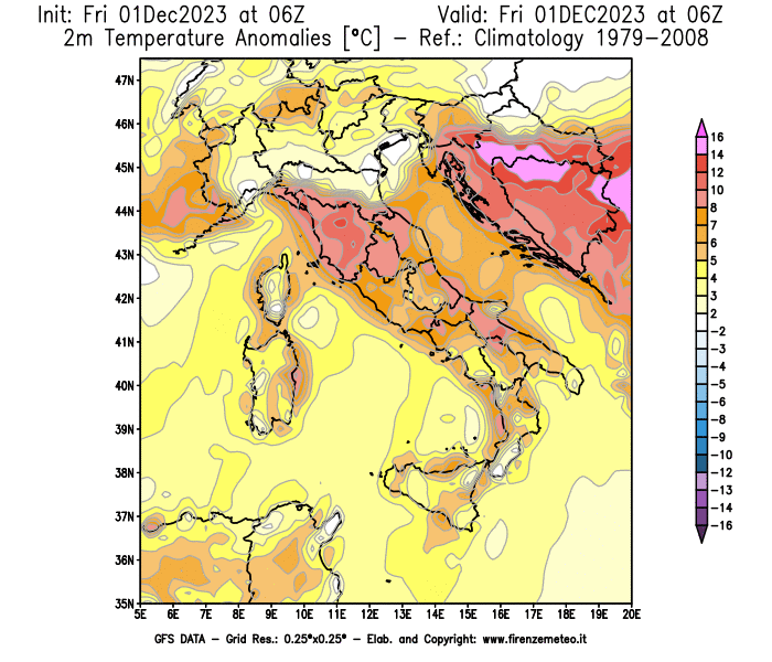 Mappa di analisi GFS - Anomalia Temperatura a 2 m in Italia
							del 1 dicembre 2023 z06