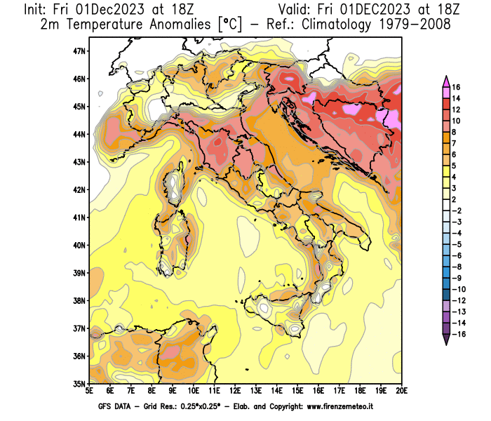 Mappa di analisi GFS - Anomalia Temperatura a 2 m in Italia
							del 1 dicembre 2023 z18