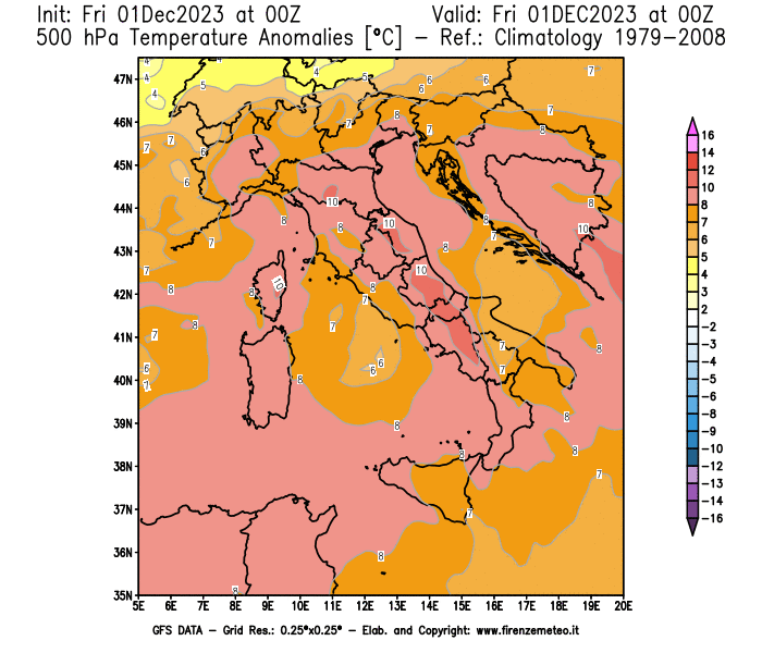 Mappa di analisi GFS - Anomalia Temperatura a 500 hPa in Italia
							del 1 dicembre 2023 z00