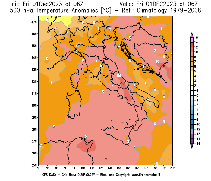 Mappa di analisi GFS - Anomalia Temperatura a 500 hPa in Italia
							del 1 dicembre 2023 z06