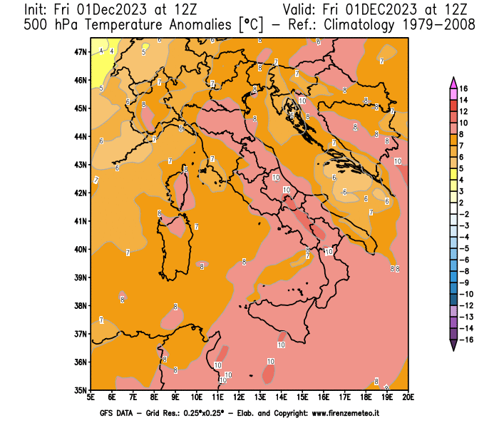 Mappa di analisi GFS - Anomalia Temperatura a 500 hPa in Italia
							del 1 dicembre 2023 z12