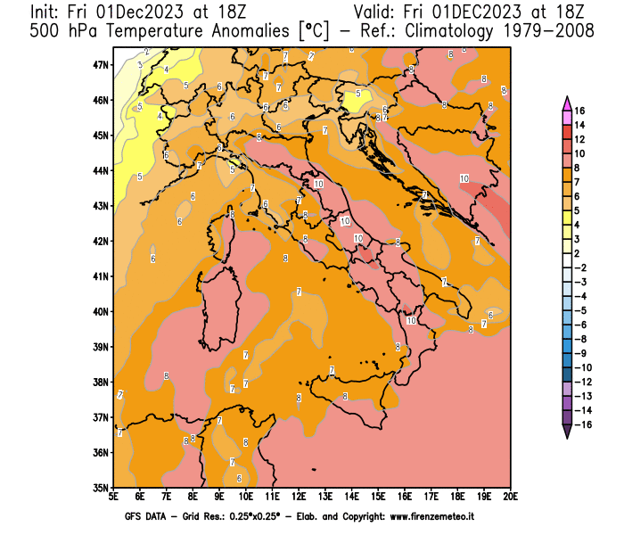 Mappa di analisi GFS - Anomalia Temperatura a 500 hPa in Italia
							del 1 dicembre 2023 z18