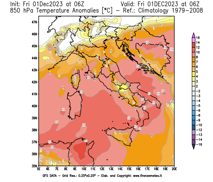 Mappa di analisi GFS - Anomalia Temperatura a 850 hPa in Italia
							del 1 dicembre 2023 z06