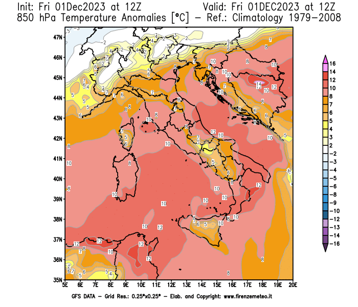 Mappa di analisi GFS - Anomalia Temperatura a 850 hPa in Italia
							del 1 dicembre 2023 z12