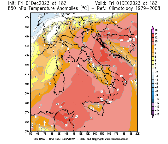 Mappa di analisi GFS - Anomalia Temperatura a 850 hPa in Italia
							del 1 dicembre 2023 z18