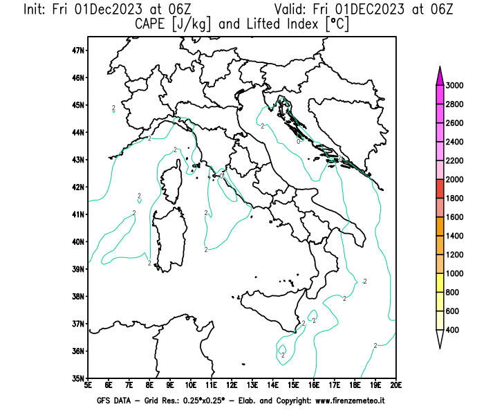 Mappa di analisi GFS - CAPE e Lifted Index in Italia
							del 1 dicembre 2023 z06