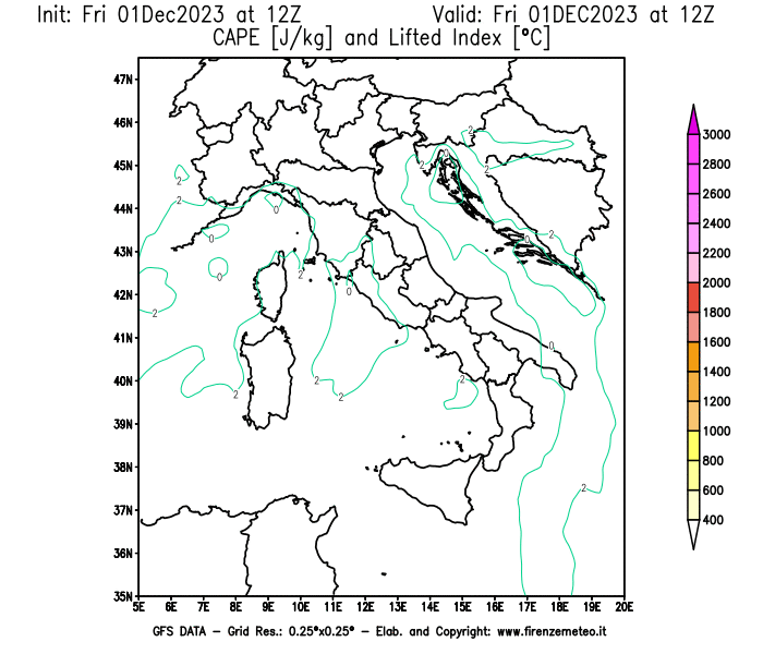 Mappa di analisi GFS - CAPE e Lifted Index in Italia
							del 1 dicembre 2023 z12