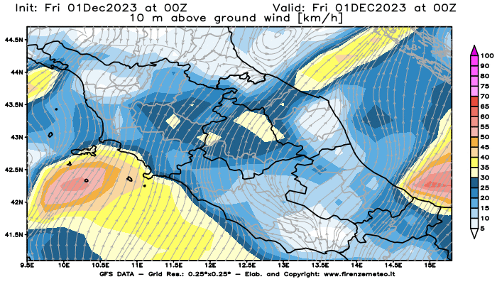 Mappa di analisi GFS - Velocità del vento a 10 metri dal suolo in Centro-Italia
							del 1 dicembre 2023 z00