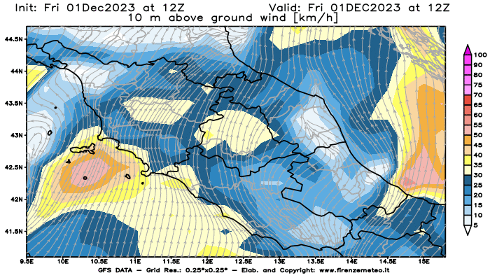 Mappa di analisi GFS - Velocità del vento a 10 metri dal suolo in Centro-Italia
							del 1 dicembre 2023 z12