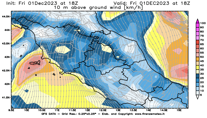 Mappa di analisi GFS - Velocità del vento a 10 metri dal suolo in Centro-Italia
							del 1 dicembre 2023 z18