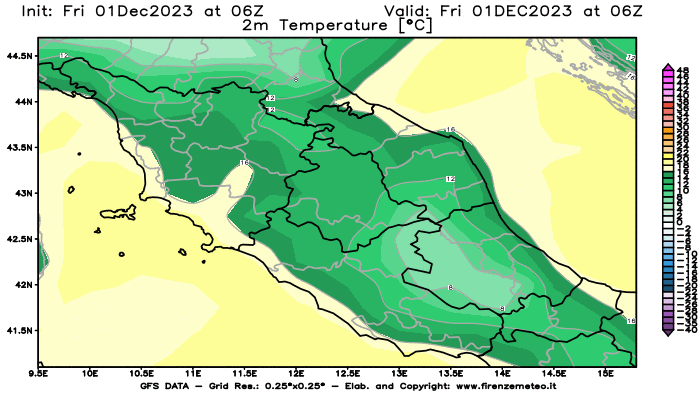 Mappa di analisi GFS - Temperatura a 2 metri dal suolo in Centro-Italia
							del 1 dicembre 2023 z06