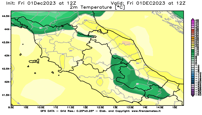 Mappa di analisi GFS - Temperatura a 2 metri dal suolo in Centro-Italia
							del 1 dicembre 2023 z12