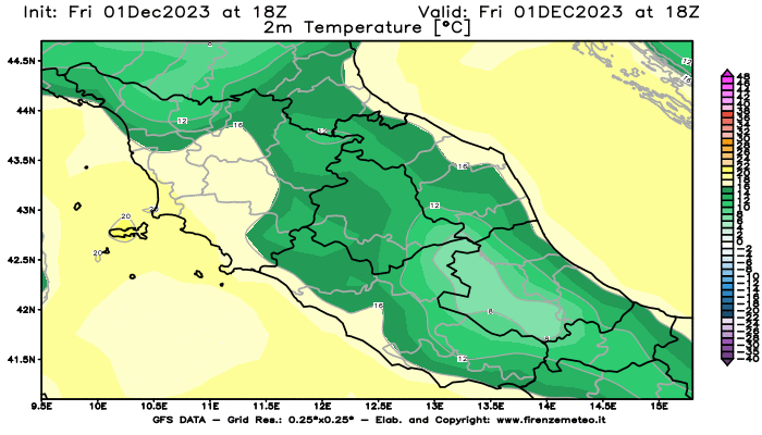 Mappa di analisi GFS - Temperatura a 2 metri dal suolo in Centro-Italia
							del 1 dicembre 2023 z18
