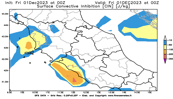 GFS analysi map - CIN in Central Italy
									on December 1, 2023 H00