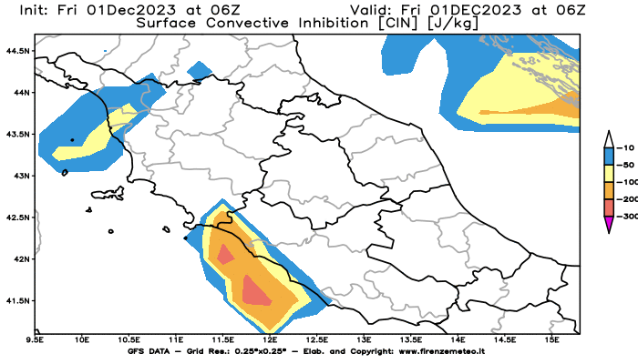GFS analysi map - CIN in Central Italy
									on December 1, 2023 H06