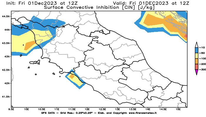 Mappa di analisi GFS - CIN in Centro-Italia
							del 1 dicembre 2023 z12