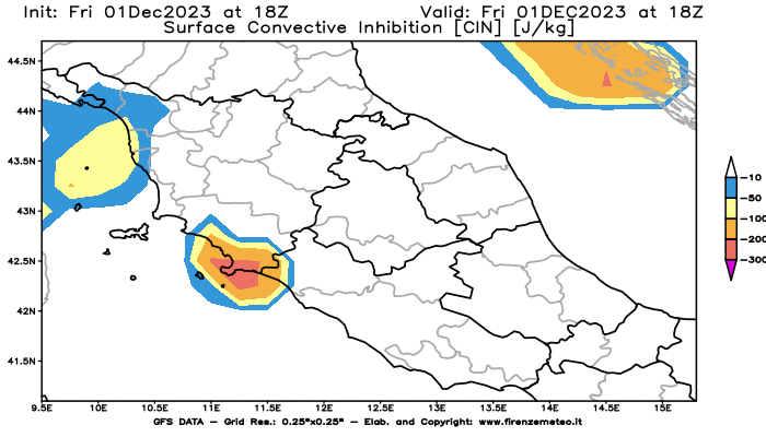 GFS analysi map - CIN in Central Italy
									on December 1, 2023 H18