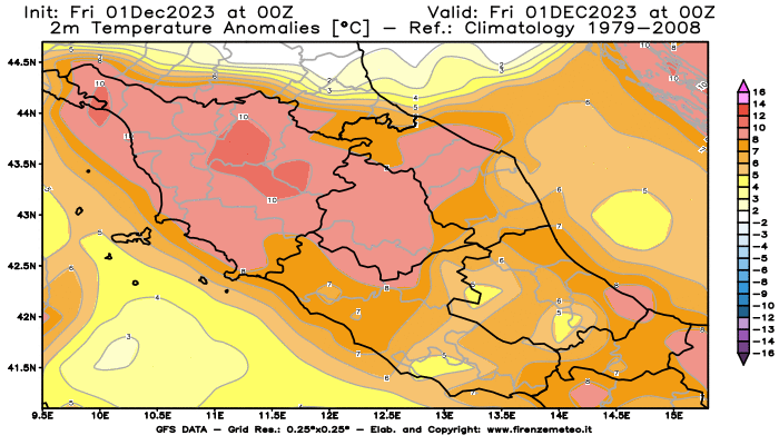 Mappa di analisi GFS - Anomalia Temperatura a 2 m in Centro-Italia
							del 1 dicembre 2023 z00