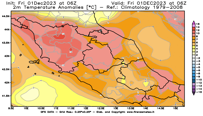 Mappa di analisi GFS - Anomalia Temperatura a 2 m in Centro-Italia
							del 1 dicembre 2023 z06