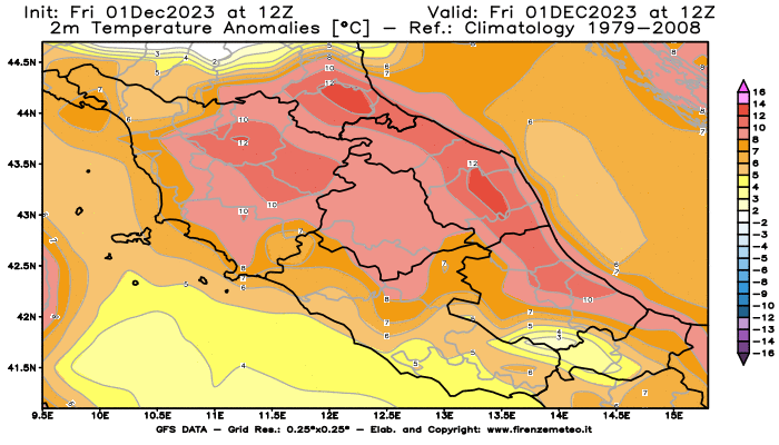 Mappa di analisi GFS - Anomalia Temperatura a 2 m in Centro-Italia
							del 1 dicembre 2023 z12