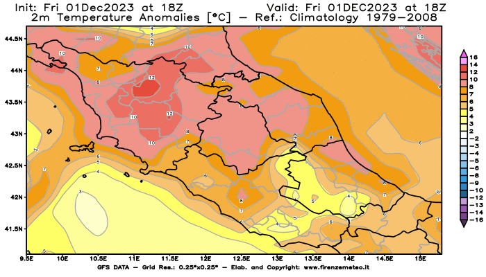 Mappa di analisi GFS - Anomalia Temperatura a 2 m in Centro-Italia
							del 1 dicembre 2023 z18