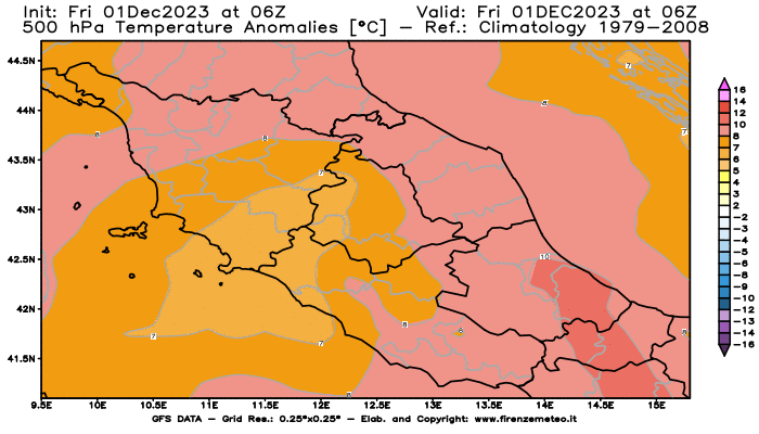 GFS analysi map - Temperature Anomalies at 500 hPa in Central Italy
									on December 1, 2023 H06