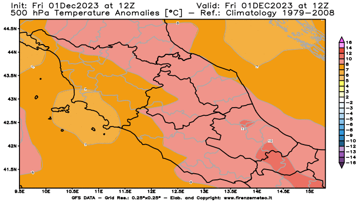 GFS analysi map - Temperature Anomalies at 500 hPa in Central Italy
									on December 1, 2023 H12