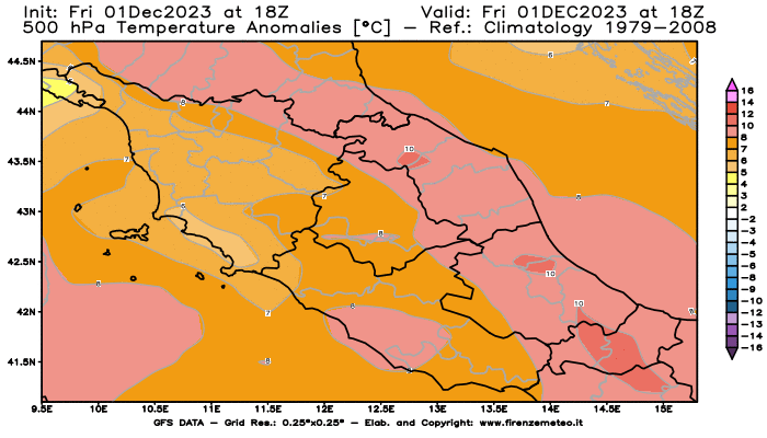 GFS analysi map - Temperature Anomalies at 500 hPa in Central Italy
									on December 1, 2023 H18