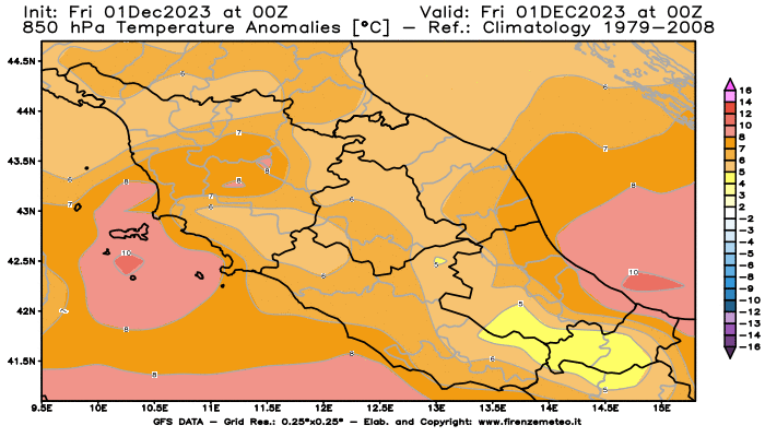 Mappa di analisi GFS - Anomalia Temperatura a 850 hPa in Centro-Italia
							del 1 dicembre 2023 z00