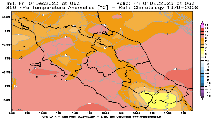 Mappa di analisi GFS - Anomalia Temperatura a 850 hPa in Centro-Italia
							del 1 dicembre 2023 z06