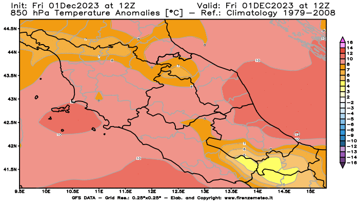 Mappa di analisi GFS - Anomalia Temperatura a 850 hPa in Centro-Italia
							del 1 dicembre 2023 z12