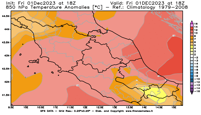 Mappa di analisi GFS - Anomalia Temperatura a 850 hPa in Centro-Italia
							del 1 dicembre 2023 z18
